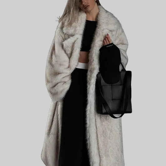 Elegant Long Faux Fluffy Trench Coat-Jacket-Theodore & Isadora-White-S-Theodore &amp; Isadora