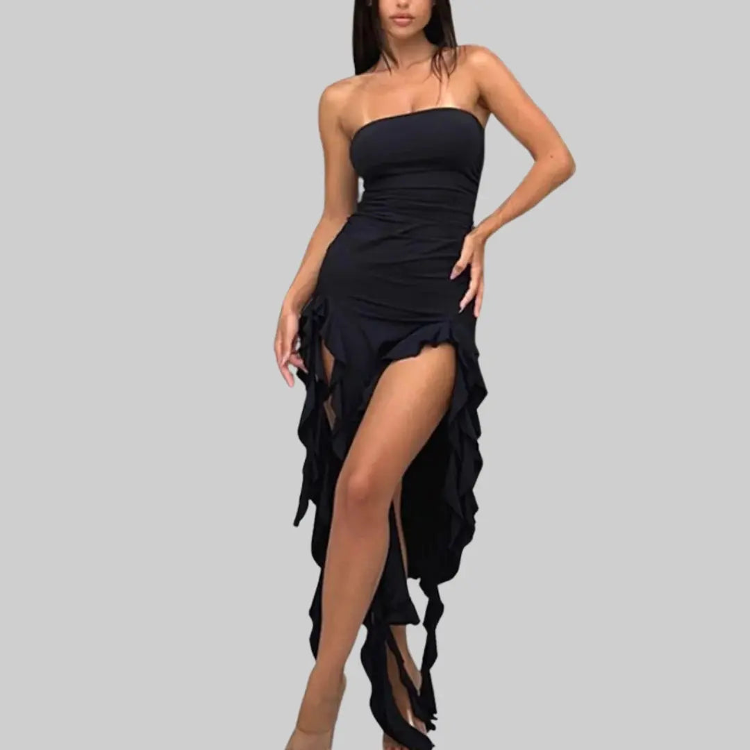 Classy Strapless Midi Dress with Ruffles-Dress-Theodore & Isadora-Black-S-Theodore &amp; Isadora