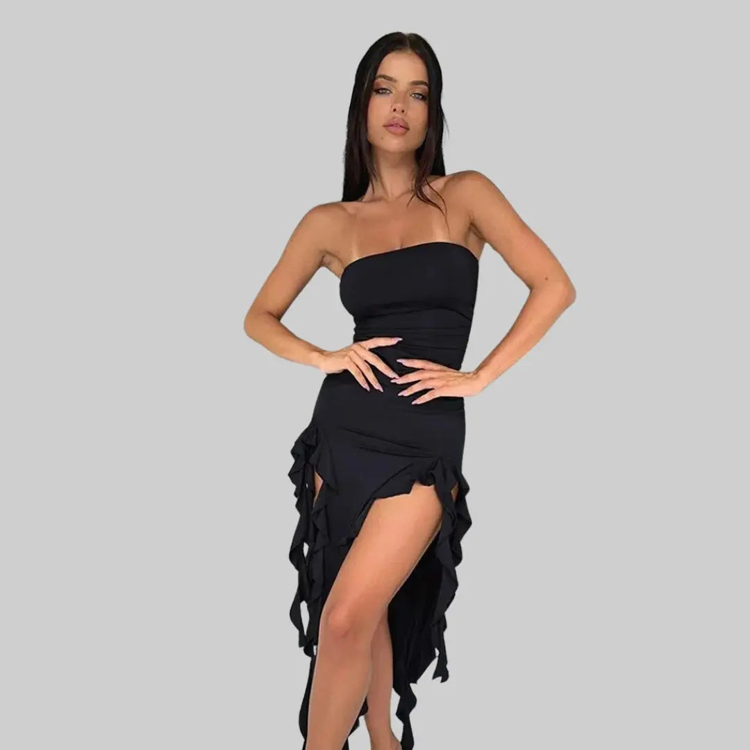 Classy Strapless Midi Dress with Ruffles-Dress-Theodore & Isadora-Theodore &amp; Isadora