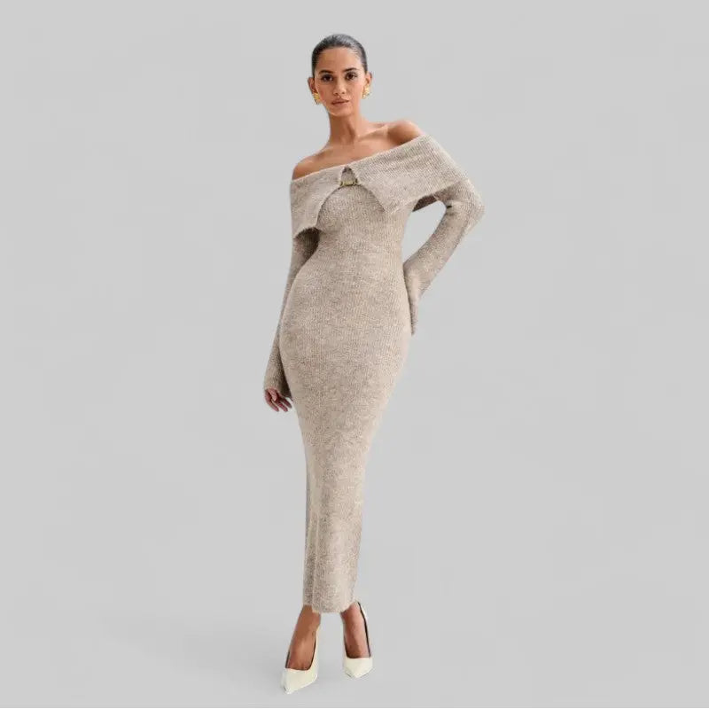 Off-the-shoulder Chic Long Knit Dress-Dress-Theodore & Isadora-Beige-S-Theodore &amp; Isadora