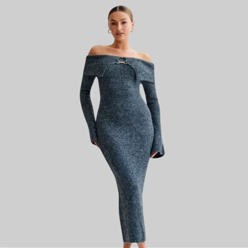 Off-the-shoulder Chic Long Knit Dress-Dress-Theodore & Isadora-Navy-S-Theodore &amp; Isadora