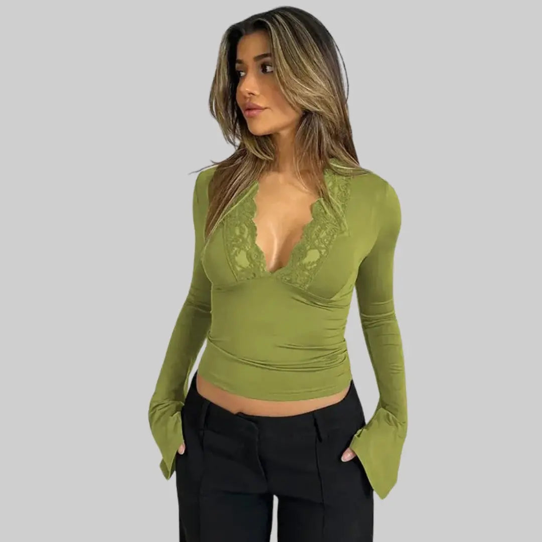 Low-cut Long Sleeve Shirt with V-neckline for Women-Top-Theodore & Isadora-Lime-S-Theodore &amp; Isadora