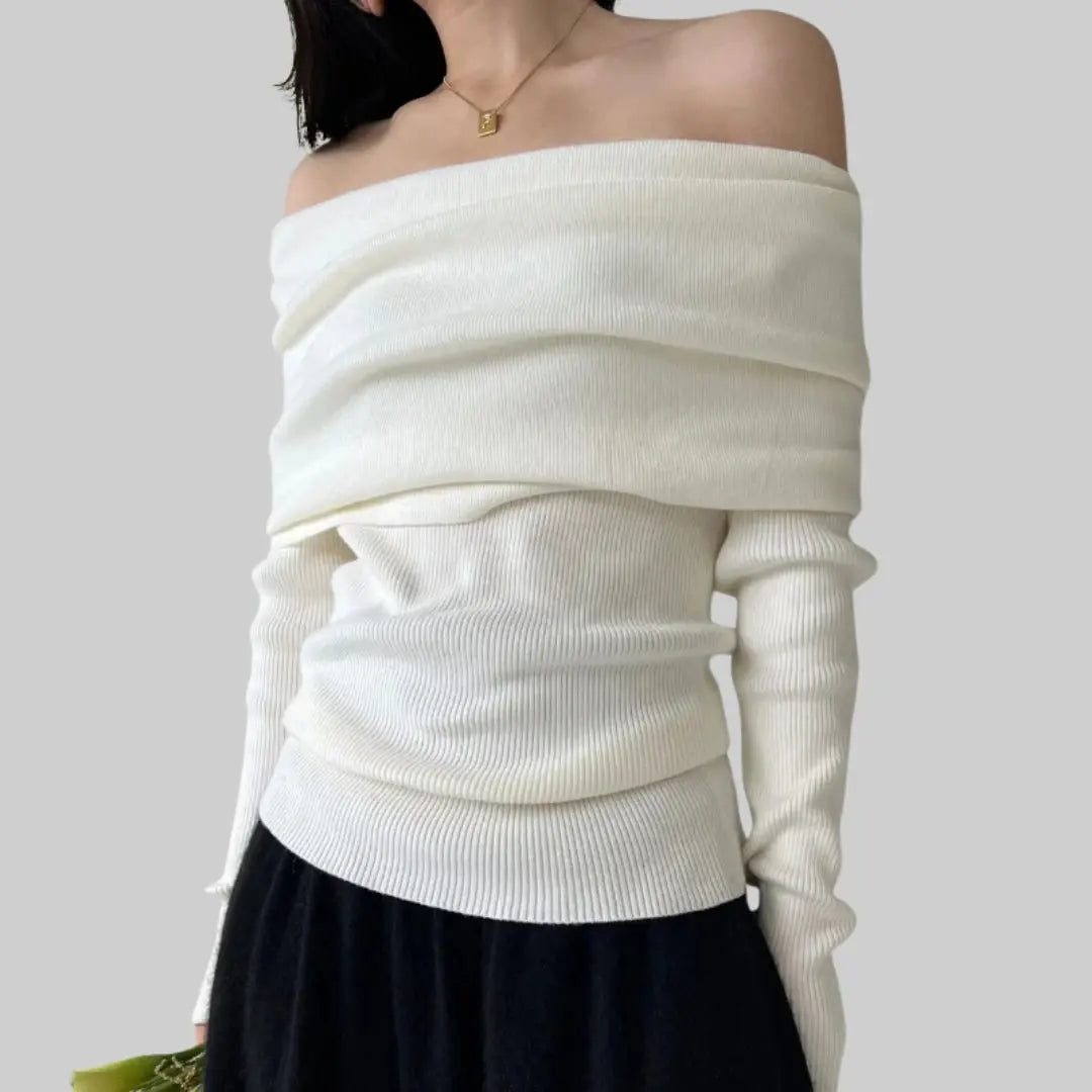 Feminine Warm Off-shoulder Women's Jumper-Sweater-Theodore & Isadora-White-S-Theodore &amp; Isadora