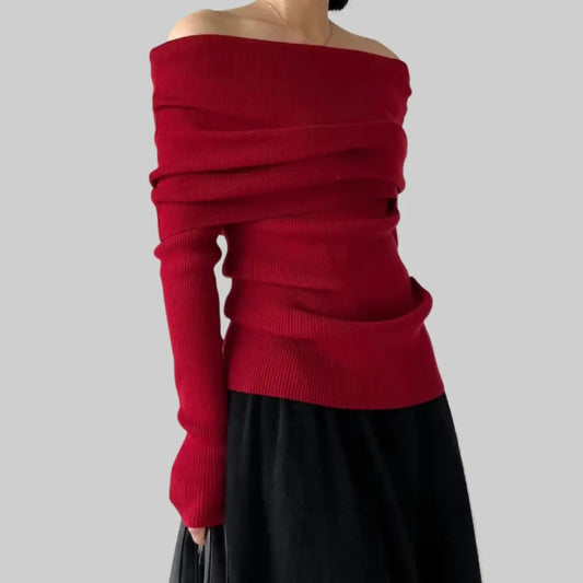 Feminine Warm Off-shoulder Women's Jumper-Sweater-Theodore & Isadora-Red-S-Theodore &amp; Isadora