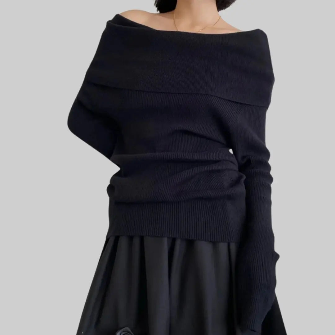 Feminine Warm Off-shoulder Women's Jumper-Sweater-Theodore & Isadora-Black-S-Theodore &amp; Isadora