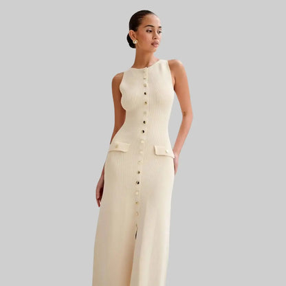 Premium No Sleeve Button Down Maxi Dress-Dress-Theodore & Isadora-Cream-S-Theodore &amp; Isadora