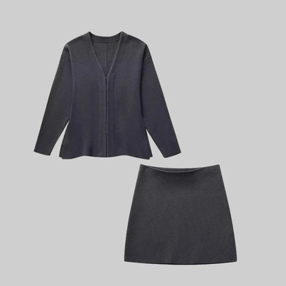 Two Piece Set - Classy Long Sleeve Cardigan & A-line Mini Skirt-Set-Theodore & Isadora-Grey-S-Theodore &amp; Isadora