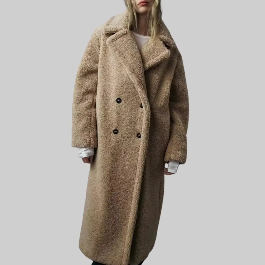 Long Winter Coat in a Teddy Look-Jacket-Theodore & Isadora-Beige-XS-Theodore &amp; Isadora