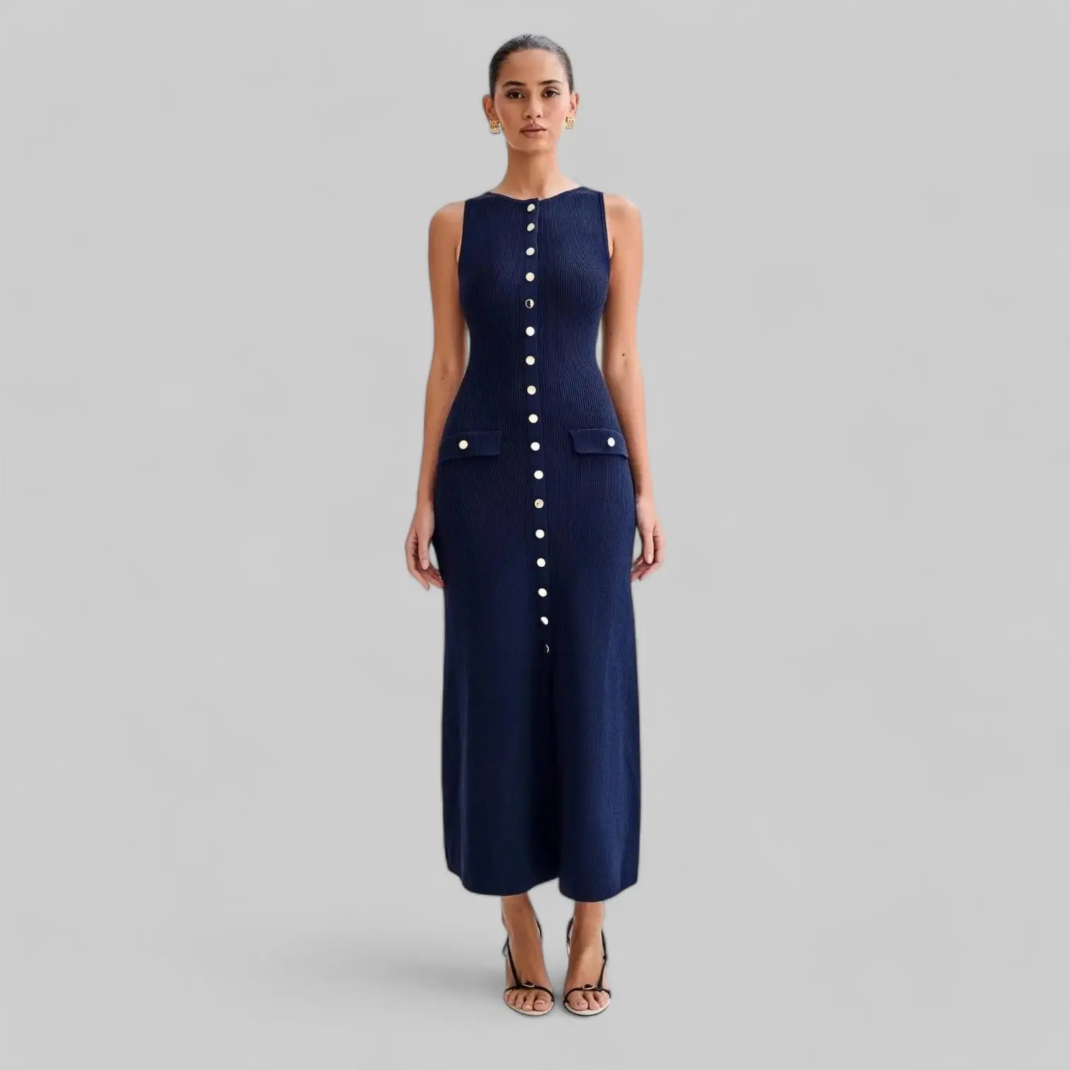 Premium No Sleeve Button Down Maxi Dress-Dress-Theodore & Isadora-Navy-S-Theodore &amp; Isadora